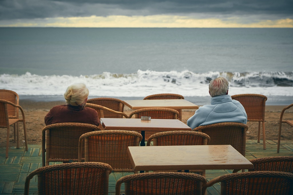 Elderly couple appreciating the beach view